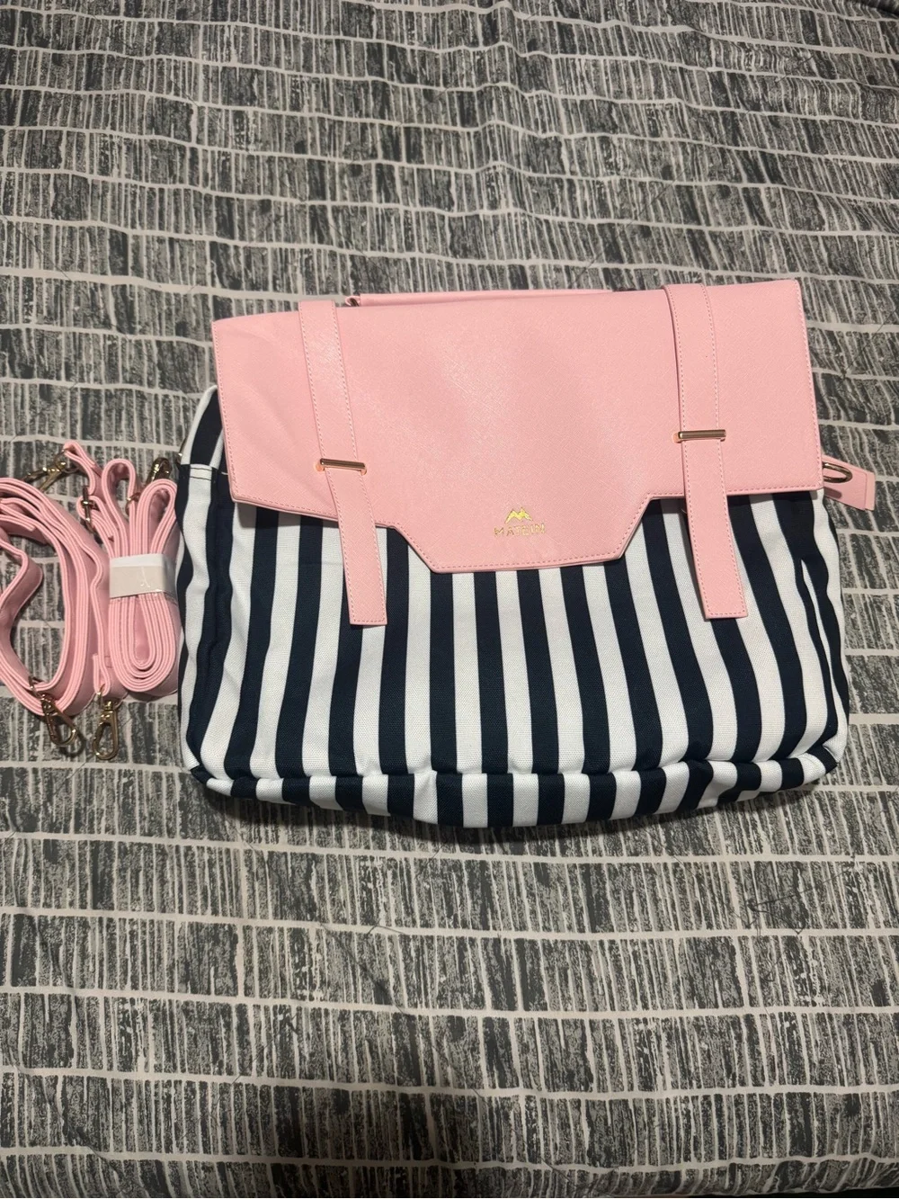 Striped Navy & White Crossbody with Pink Flap